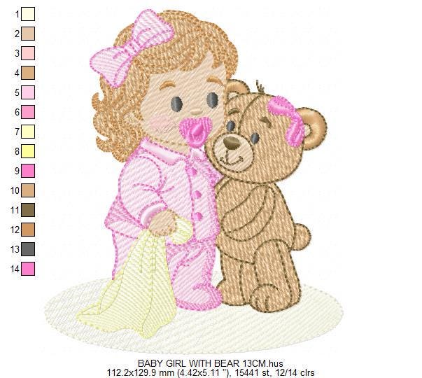 Baby Girl with pacifier and Lovey blankie embroidery designs - Pink Teddy bear machine embroidery pattern - Instant digital download pes jef