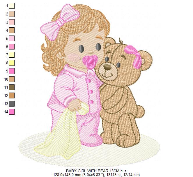Baby Girl with pacifier and Lovey blankie embroidery designs - Pink Teddy bear machine embroidery pattern - Instant digital download pes jef