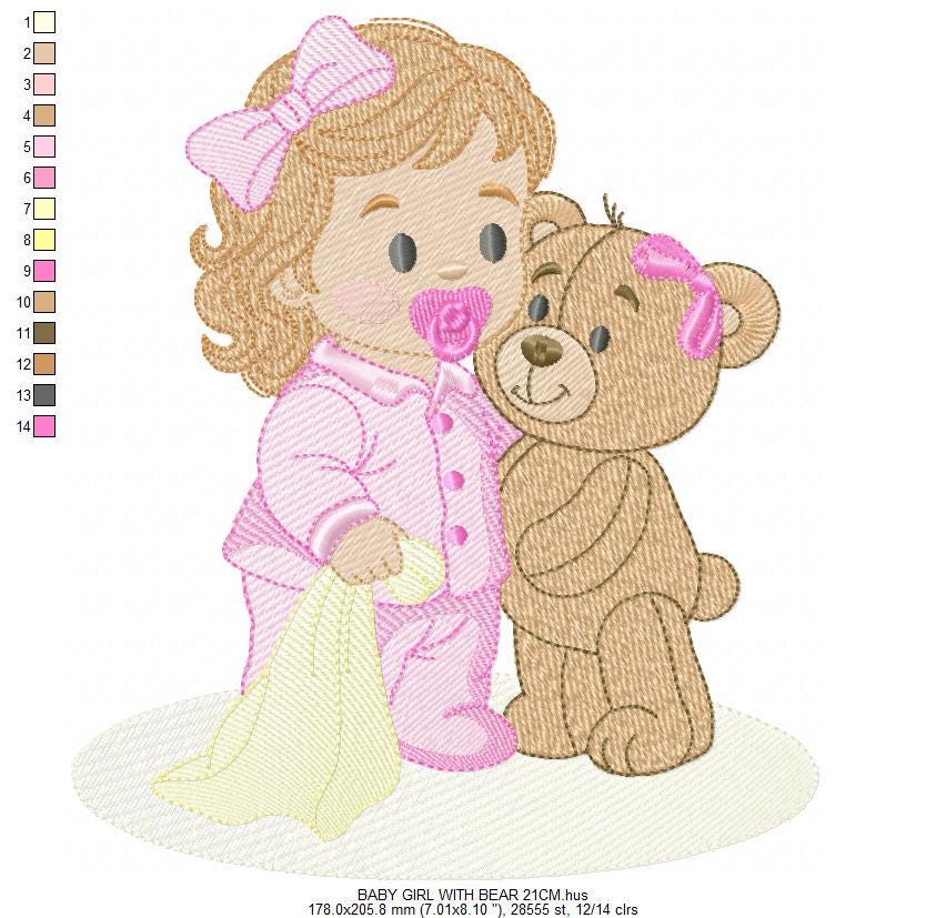 Baby Girl with pacifier and Lovey blankie embroidery designs - Pink Teddy bear machine embroidery pattern - Instant digital download pes jef