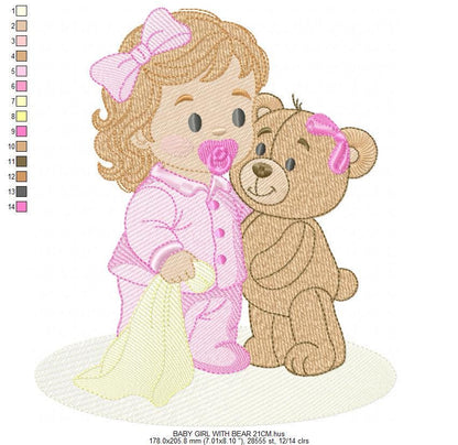 Baby Girl with pacifier and Lovey blankie embroidery designs - Pink Teddy bear machine embroidery pattern - Instant digital download pes jef