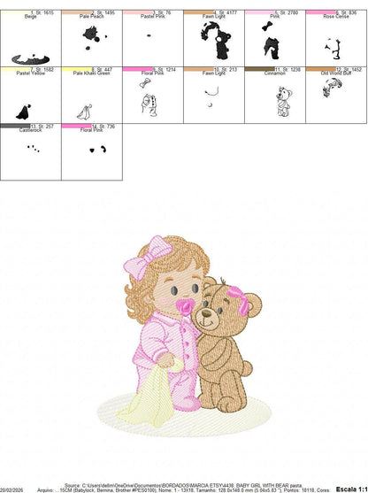 Baby Girl with pacifier and Lovey blankie embroidery designs - Pink Teddy bear machine embroidery pattern - Instant digital download pes jef