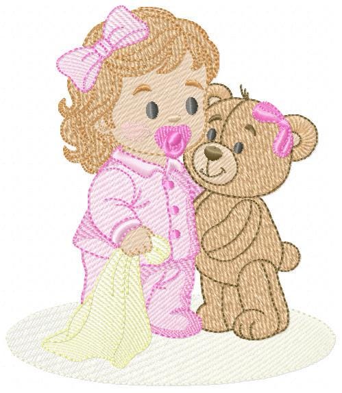 Baby Girl with pacifier and Lovey blankie embroidery designs - Pink Teddy bear machine embroidery pattern - Instant digital download pes jef