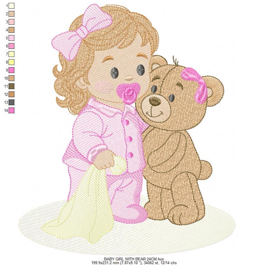 Baby Girl with pacifier and Lovey blankie embroidery designs - Pink Teddy bear machine embroidery pattern - Instant digital download pes jef