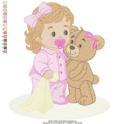 Baby Girl with pacifier and Lovey blankie embroidery designs - Pink Teddy bear machine embroidery pattern - Instant digital download pes jef