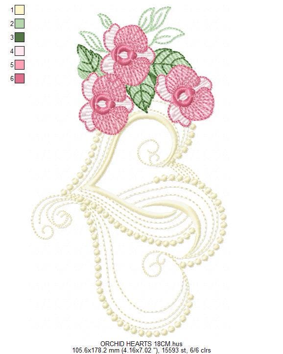 Hearts with moth orchid flowers embroidery designs - Flower heart frame machine embroidery pattern - Baby girl file - Instant download pes
