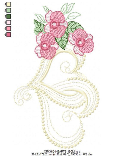 Hearts with moth orchid flowers embroidery designs - Flower heart frame machine embroidery pattern - Baby girl file - Instant download pes