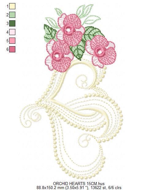Hearts with moth orchid flowers embroidery designs - Flower heart frame machine embroidery pattern - Baby girl file - Instant download pes