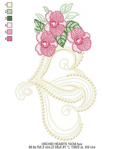 Hearts with moth orchid flowers embroidery designs - Flower heart frame machine embroidery pattern - Baby girl file - Instant download pes