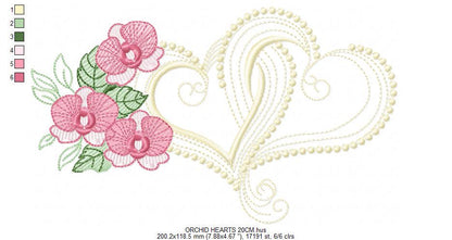 Hearts with moth orchid flowers embroidery designs - Flower heart frame machine embroidery pattern - Baby girl file - Instant download pes