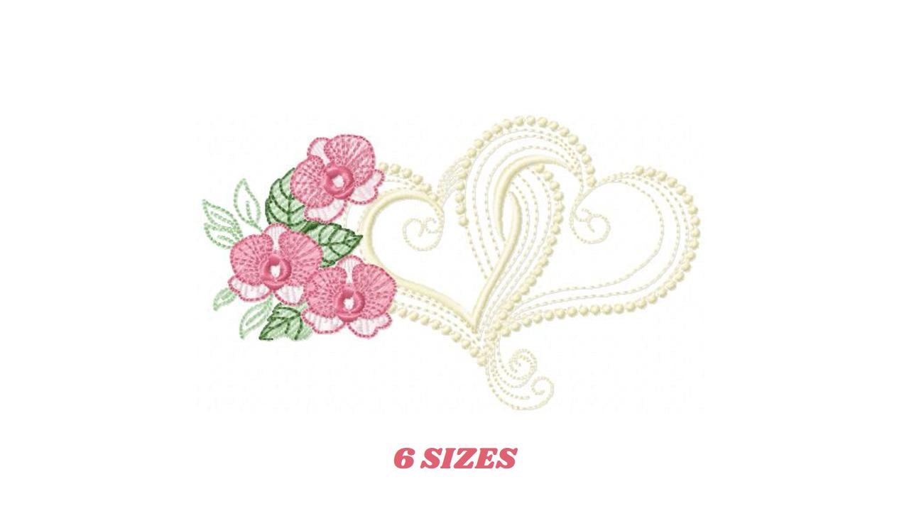 Hearts with moth orchid flowers embroidery designs - Flower heart frame machine embroidery pattern - Baby girl file - Instant download pes