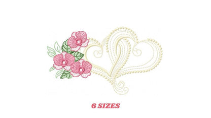 Hearts with moth orchid flowers embroidery designs - Flower heart frame machine embroidery pattern - Baby girl file - Instant download pes