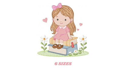 Baby Girl with books embroidery designs - School Student Toddler with books and hearts machine embroidery pattern - Instant download pes jef