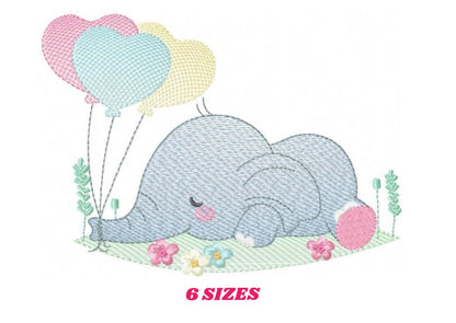 May include: A gray elephant with pink ears and a pink tail is lying down on a green patch of grass with pink, yellow, and blue heart-shaped balloons. There are green grass stems and pink, yellow, and blue flowers around the elephant.