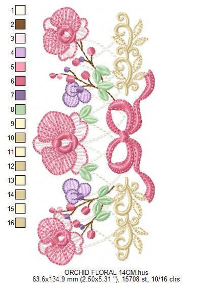 Moth Orchid Flower with lace embroidery designs - Flowers machine embroidery pattern - Floral Kitchen towel - Instant digital download pes