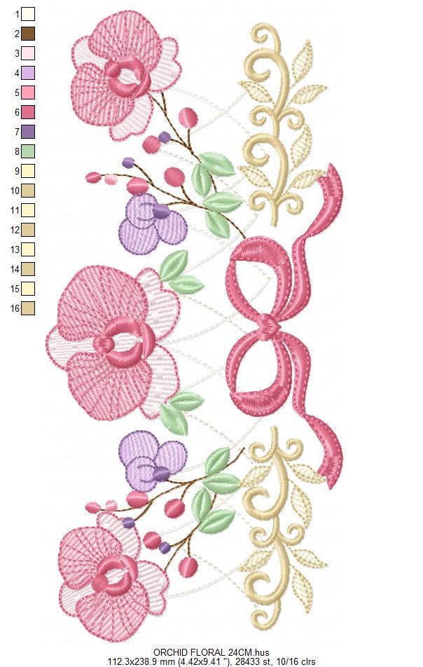 Moth Orchid Flower with lace embroidery designs - Flowers machine embroidery pattern - Floral Kitchen towel - Instant digital download pes