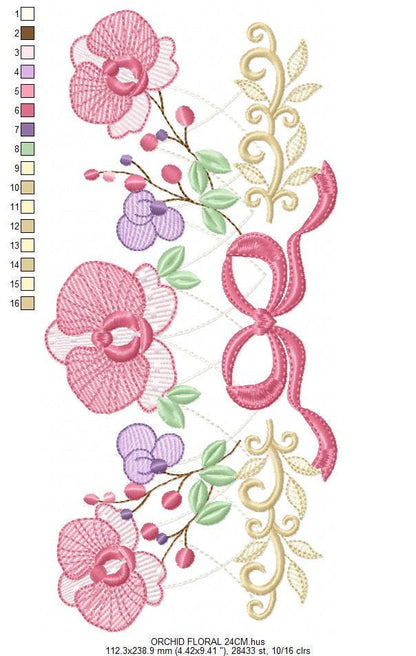 Moth Orchid Flower with lace embroidery designs - Flowers machine embroidery pattern - Floral Kitchen towel - Instant digital download pes