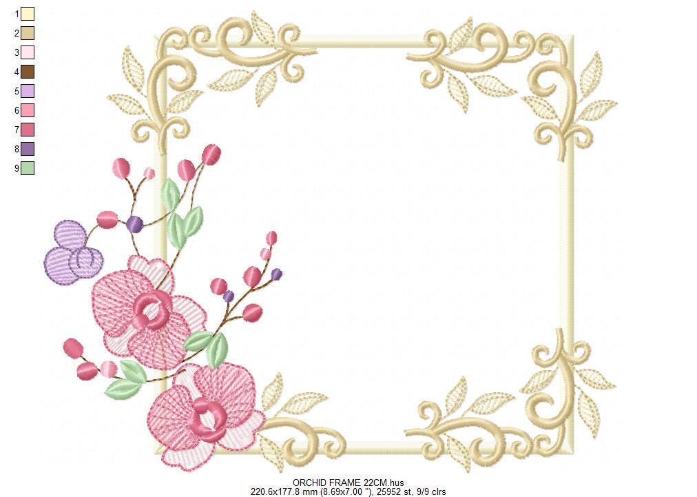 Orchid Flower Frame embroidery designs - Phalaenopsis moth Wreath machine embroidery pattern - Kitchen Tea Towel file - Instant download pes