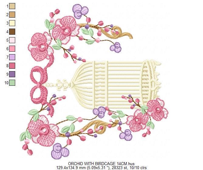 Birdcage with Flowers embroidery designs - Moth Orchid Flowers machine embroidery pattern - Baby girl file - Instant digital download pes