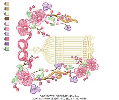 Birdcage with Flowers embroidery designs - Moth Orchid Flowers machine embroidery pattern - Baby girl file - Instant digital download pes