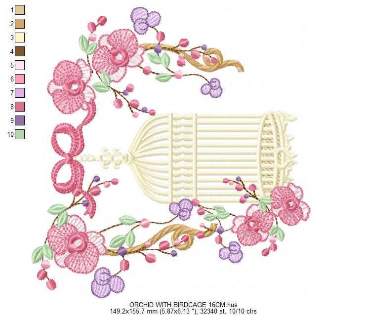 Birdcage with Flowers embroidery designs - Moth Orchid Flowers machine embroidery pattern - Baby girl file - Instant digital download pes