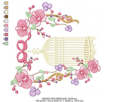 Birdcage with Flowers embroidery designs - Moth Orchid Flowers machine embroidery pattern - Baby girl file - Instant digital download pes