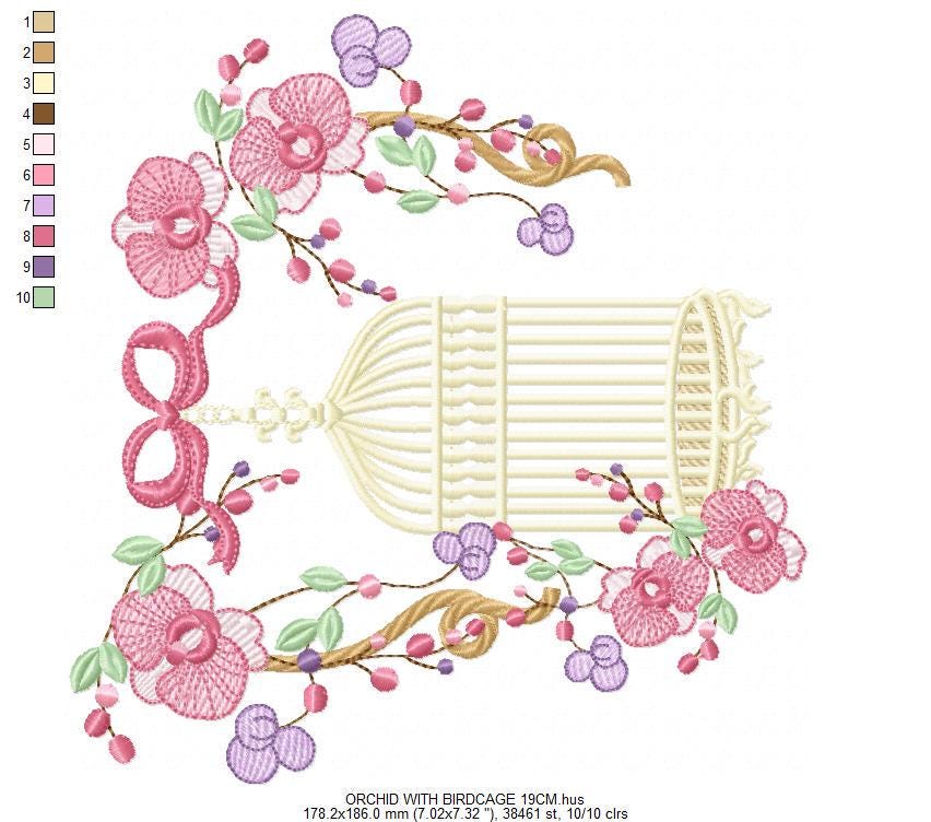 Birdcage with Flowers embroidery designs - Moth Orchid Flowers machine embroidery pattern - Baby girl file - Instant digital download pes