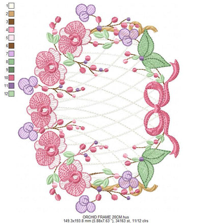 Orchid Flower Frame embroidery designs - Moth phalaenopsis machine embroidery pattern - Kitchen Tea Towel file - Instant digital download