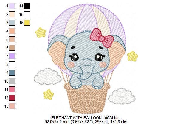Baby Elephant with hot air balloon embroidery designs - Safari Wild Animal machine embroidery pattern - Baby girl file - Instant download