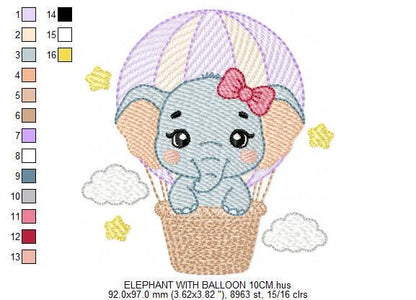 Baby Elephant with hot air balloon embroidery designs - Safari Wild Animal machine embroidery pattern - Baby girl file - Instant download