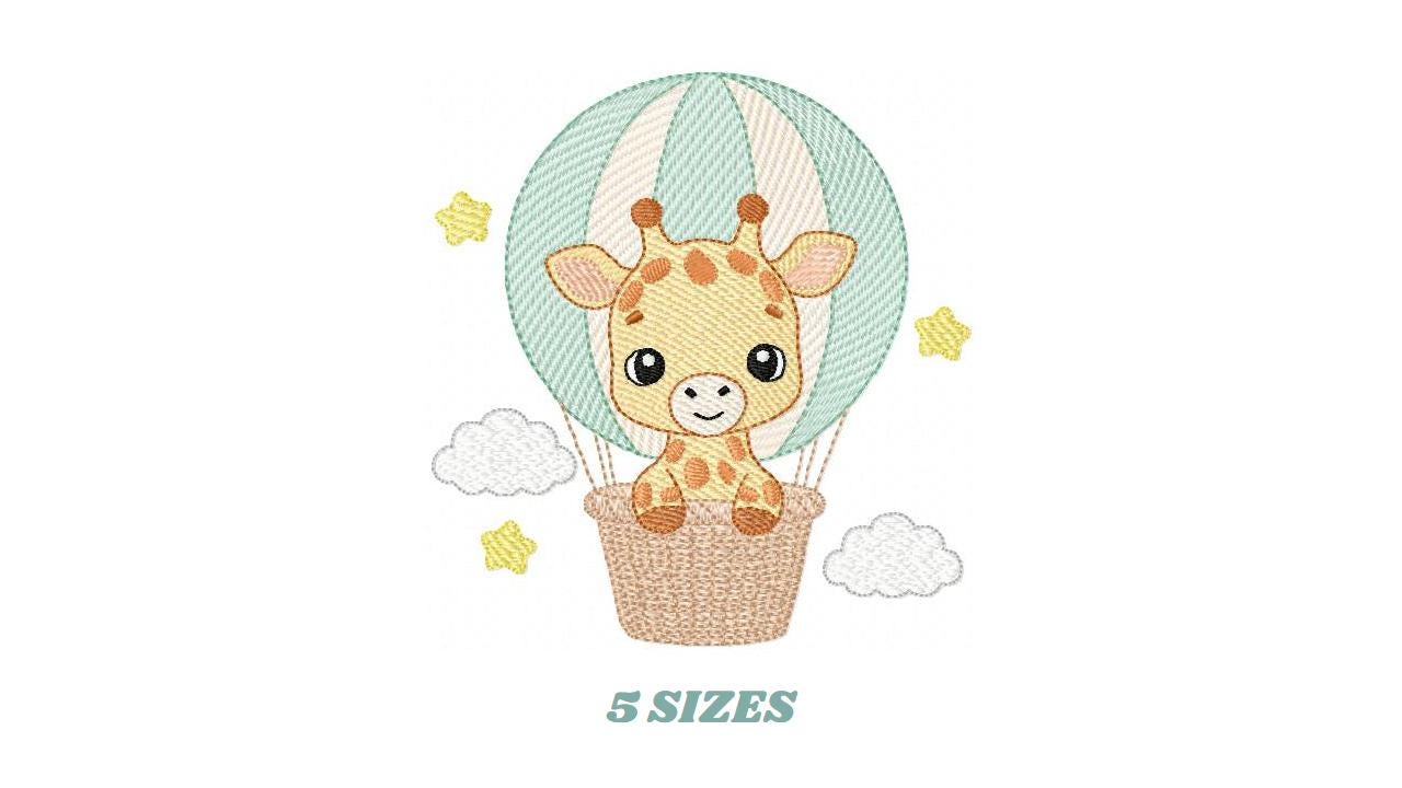 Giraffe with hot air balloon embroidery design - Safari Wild Animal machine pattern - Baby Girl Giraffe - Instant digital download pes jef