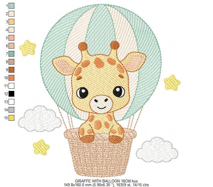 Giraffe with hot air balloon embroidery design - Safari Wild Animal machine pattern - Baby Girl Giraffe - Instant digital download pes jef