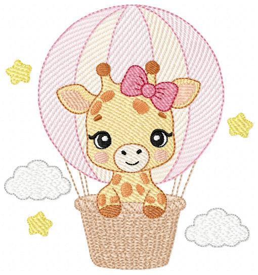 Giraffe with balloons embroidery design - Safari Wild Animal machine pattern - Baby Girl Giraffe with pink lace - Instant digital download