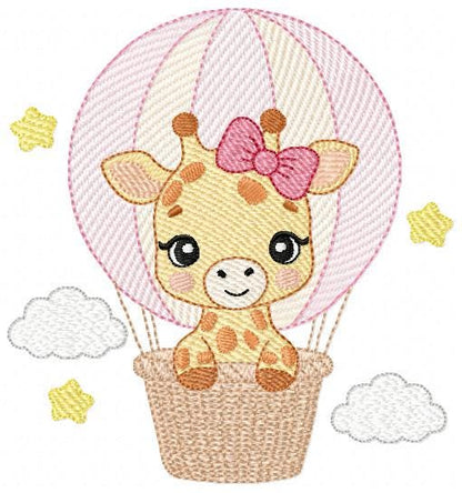 Giraffe with balloons embroidery design - Safari Wild Animal machine pattern - Baby Girl Giraffe with pink lace - Instant digital download