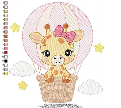 Giraffe with balloons embroidery design - Safari Wild Animal machine pattern - Baby Girl Giraffe with pink lace - Instant digital download