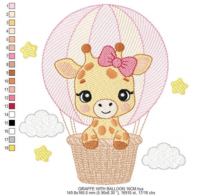 Giraffe with balloons embroidery design - Safari Wild Animal machine pattern - Baby Girl Giraffe with pink lace - Instant digital download