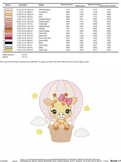 Giraffe with balloons embroidery design - Safari Wild Animal machine pattern - Baby Girl Giraffe with pink lace - Instant digital download