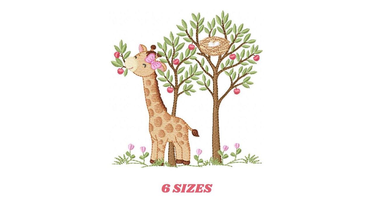 Giraffe with tree embroidery designs - Safari wild animal with birdnest machine embroidery pattern - Baby girl file - Instant download pes