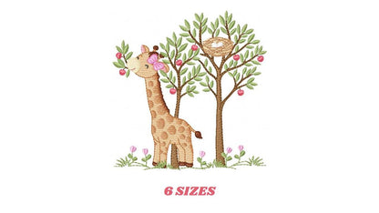 Giraffe with tree embroidery designs - Safari wild animal with birdnest machine embroidery pattern - Baby girl file - Instant download pes