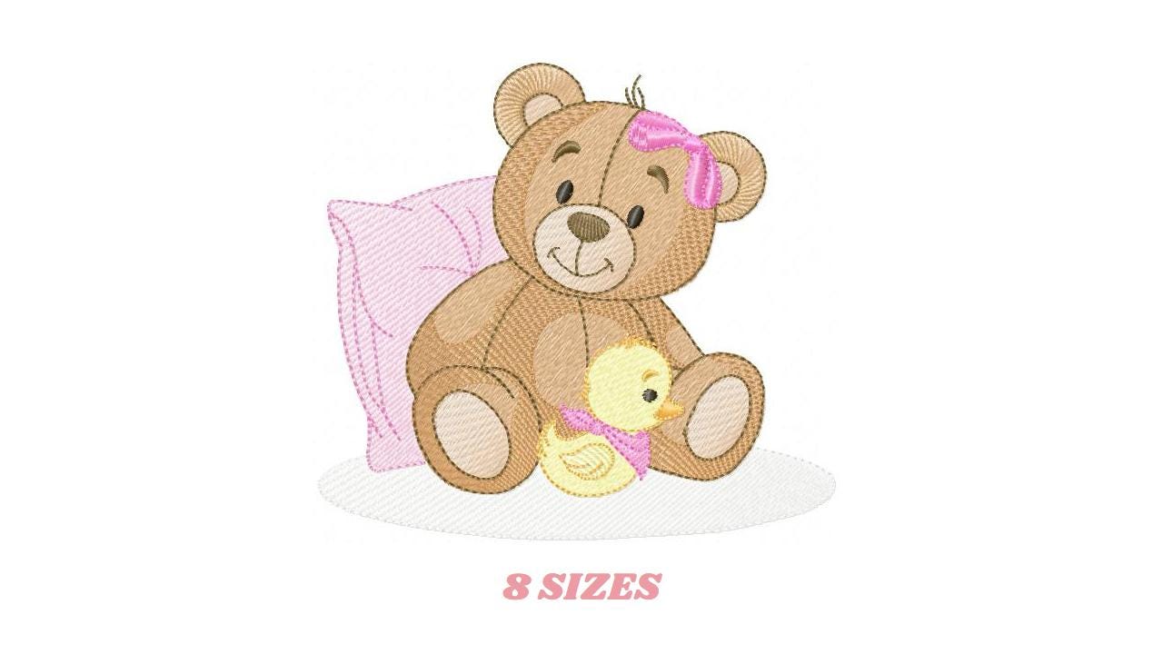 Baby Girl Teddy Bear embroidery designs - Sleeping Bear with duck and pillow machine embroidery pattern - Instant digital download pes jef