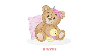Baby Girl Teddy Bear embroidery designs - Sleeping Bear with duck and pillow machine embroidery pattern - Instant digital download pes jef