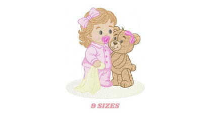 Baby Girl with pacifier and Lovey blankie embroidery designs - Pink Teddy bear machine embroidery pattern - Instant digital download pes jef