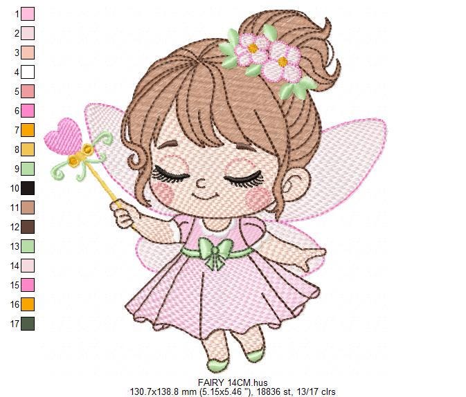 Fairy with flowers embroidery designs - Baby girl with wings and wand machine embroidery pattern - Garden Pixie file - Instant Download pes