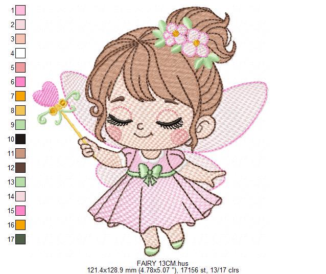 Fairy with flowers embroidery designs - Baby girl with wings and wand machine embroidery pattern - Garden Pixie file - Instant Download pes