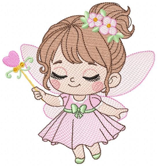 Fairy with flowers embroidery designs - Baby girl with wings and wand machine embroidery pattern - Garden Pixie file - Instant Download pes