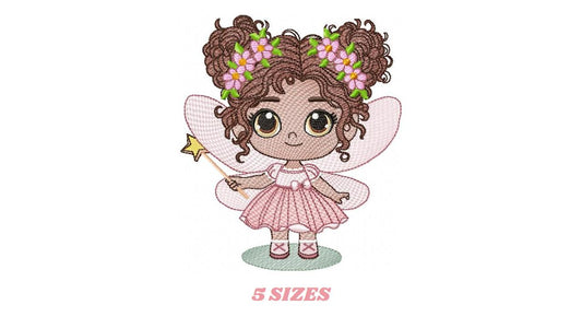 Fairy with curly hair and flower embroidery designs - Baby girl with wings and wand machine pattern - Magical Pixie - Instant download pes