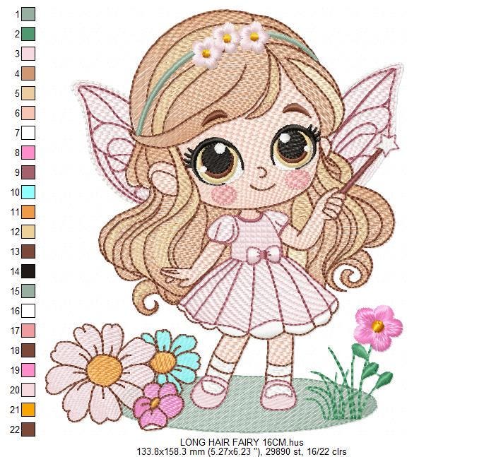 Fairy with flowers embroidery designs - Baby girl with wings and wand machine embroidery pattern - Garden Pixie file - Instant Download pes