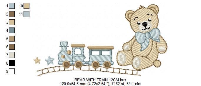Bear with toy train embroidery designs - Baby boy Teddy bear with bow tie machine embroidery pattern - Instant digital download pes jef dst