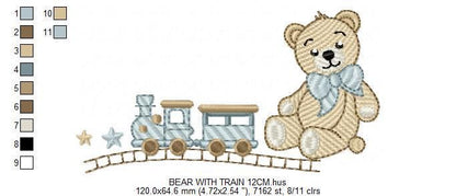Bear with toy train embroidery designs - Baby boy Teddy bear with bow tie machine embroidery pattern - Instant digital download pes jef dst