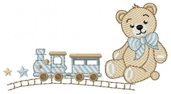 Bear with toy train embroidery designs - Baby boy Teddy bear with bow tie machine embroidery pattern - Instant digital download pes jef dst