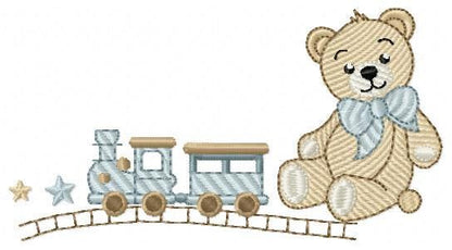 Bear with toy train embroidery designs - Baby boy Teddy bear with bow tie machine embroidery pattern - Instant digital download pes jef dst